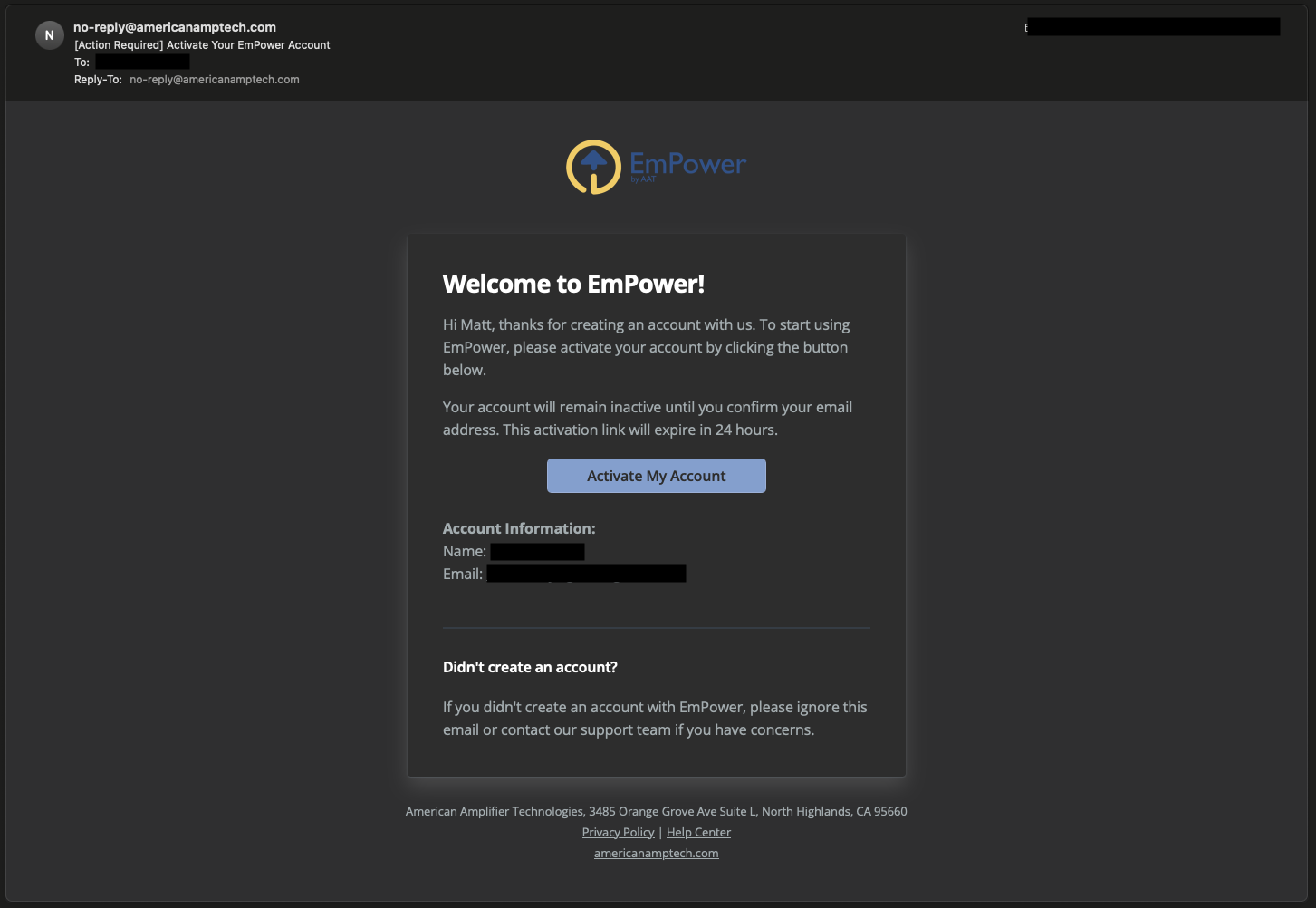 Preview of Confirmation Email